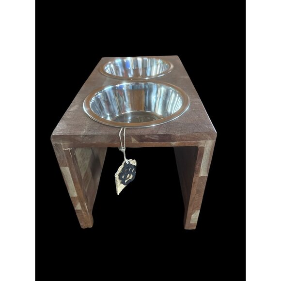 Handcrafted Wooden Dog Bowl Stand with Removable Stainless-Steel Bowls New - Picture 1 of 4